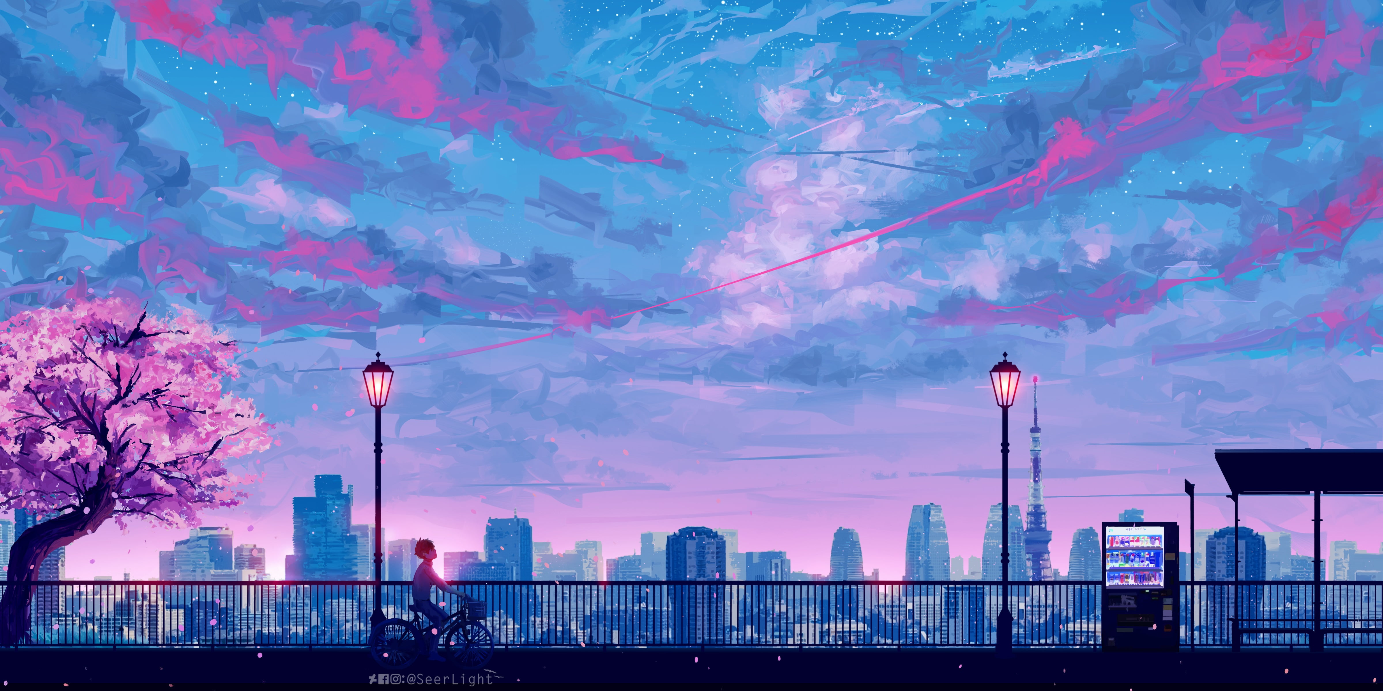 Blue And Pink Sky Painting Illustration City Anime Painting Hd