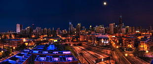 panorama photo of high-rise buildings, ultrawide, night, cityscape, Chicago HD wallpaper