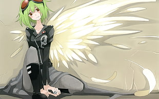 green short haired girl wearing black jacket with white wings