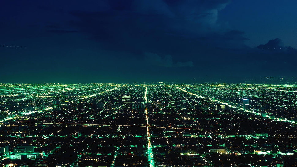 green lighted cityscape, cityscape, lights, night, sky HD wallpaper