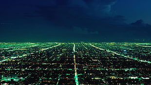 green lighted cityscape, cityscape, lights, night, sky HD wallpaper
