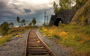 metal train railways between green grass