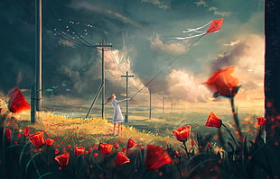 painting of a woman flying a orange kite in flower field HD wallpaper