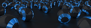 round black-and-blue electronic devices, multiple display, balls, CGI, render