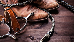 pair of gray cowboy spurs, shoes, whips HD wallpaper