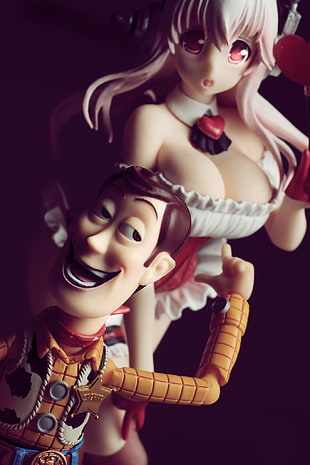 Sheriff Woody and pink-haired female anime character figures, Pete Tapang, Toy Story, humor, puppets