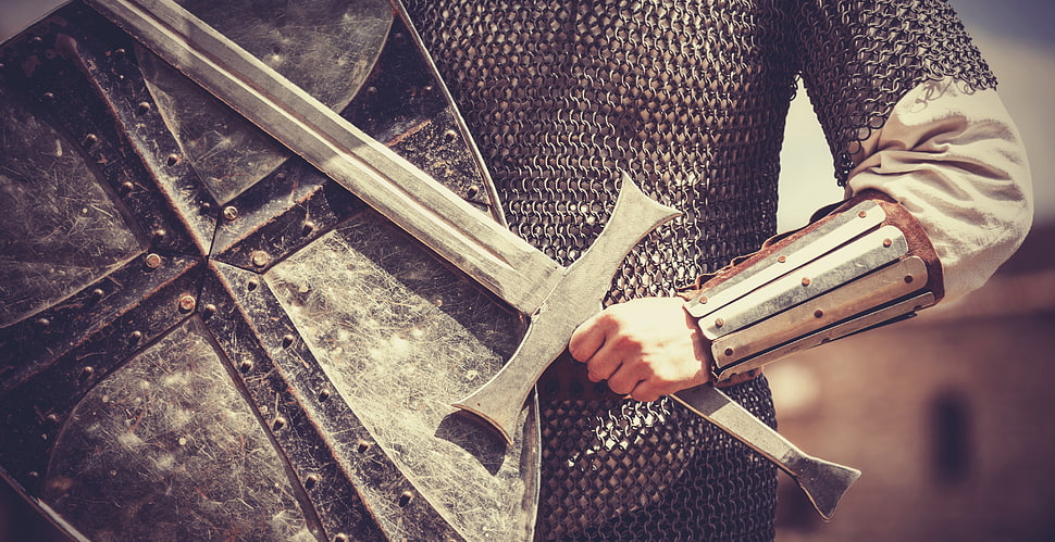 silver sword, armor, shield, medieval, soldier HD wallpaper