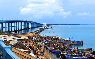 blue and white boat, bridge, India, landscape, boat