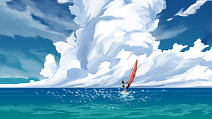 person riding wind surf painting, Suisei no Gargantia, anime, sea, water