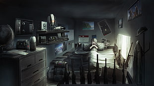 black wooden dining table set, weapon, in bed, Fallout, Portal 
