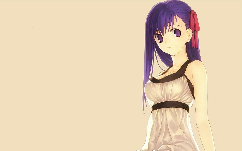 girl with purple hair wearing black and white scoop-neck dress looking to the right HD wallpaper