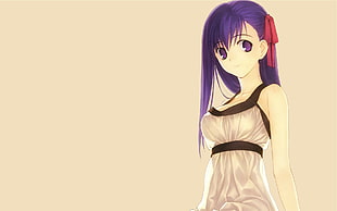 girl with purple hair wearing black and white scoop-neck dress looking to the right