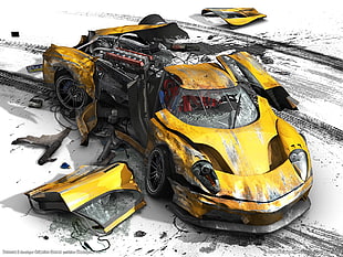 yellow wrecked car digital wallpaper