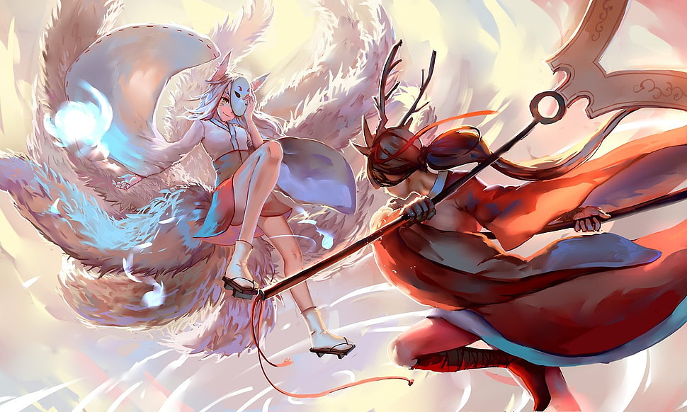 Two female characters illustration, League of Legends, Akali, fighting ...
