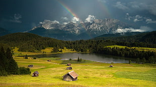 green grass field, rainbows, hills, forest, cottage