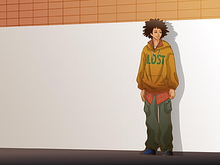 boy in afro hair, yellow pullover hoodie with Lost print and pants illustration HD wallpaper