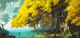 yellow petaled trees near castle painting