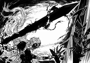 manga character with sword, monochrome, manga, sword