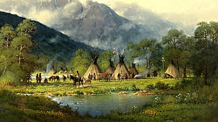 tipi tents near body of water painting, nature, horse, Tipi