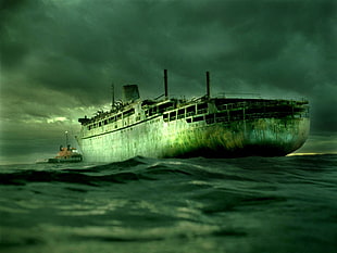 gray ship on body of water, ship, spooky, artwork, ghost ship