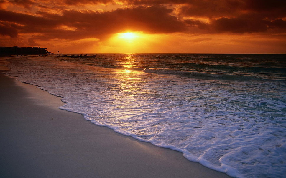 gray clouds, beach, sea HD wallpaper