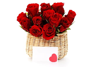 red rose bouquet with brown wicker basket HD wallpaper