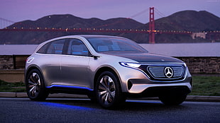 silver Mercedes-Benz concept car on gray concrete road with view of Golden Gate bridge