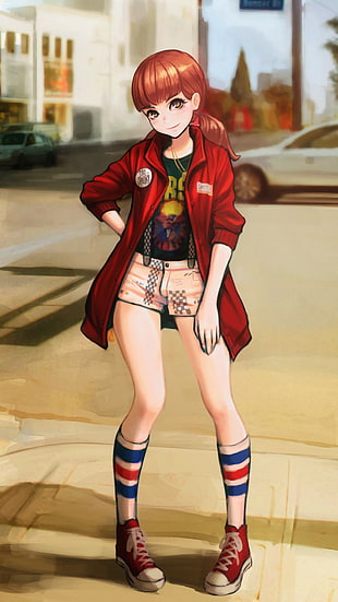woman wearing red long-sleeved cardigan and beige shorts