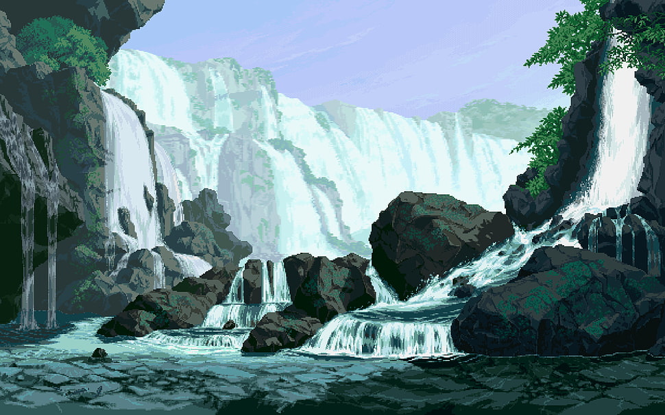 waterfalls painting, pixel art, waterfall, artwork, digital art HD wallpaper