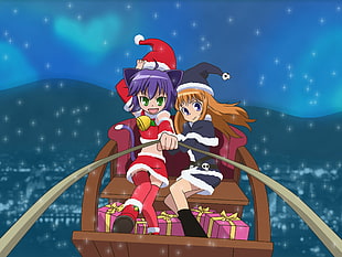 purple and brown haired female anime characters riding sleigh