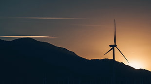 silhouette of wind mill near mountgain during golden hour, photography, sunset, landscape, windmill