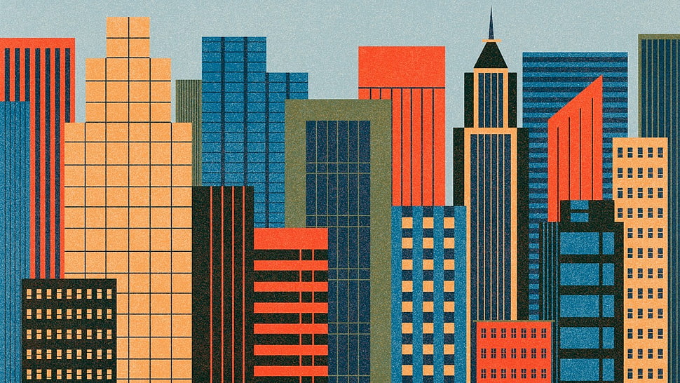 assorted-color building illustration, skyline, artwork, digital art HD wallpaper