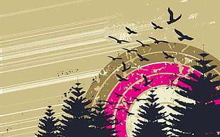 flock of birds flying near trees illustration