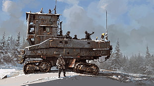 gray steel war tank, tank, snow, apocalyptic