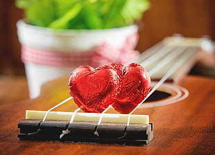 red hearts on the guitar strings HD wallpaper