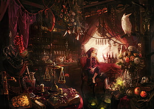 red mage anime art, fruit, owl, original characters, Little Red Riding Hood HD wallpaper