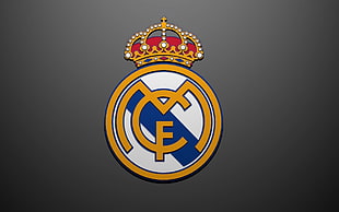 white and yellow logo, Real Madrid, logo, simple background HD wallpaper