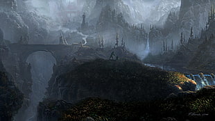 video game digital wallpaper, mountains, bridge, wood, house
