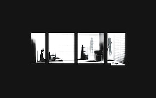 grey scale photo of man inside room illustration