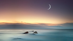 crescent moon during golden hour HD wallpaper