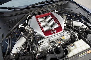 grey, red, and black vehicle engine, Nissan GT-R, engine, Nissan, vehicle