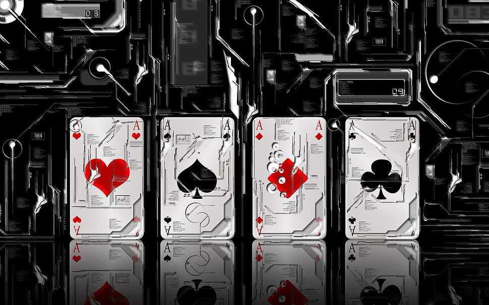 four aces playing cards painting, cards, abstract, reflection, technology HD wallpaper