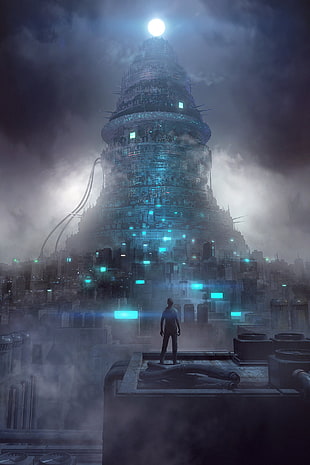 man standing on top of building facing high-rise building digital wallpaper, science fiction