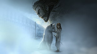 girl with white wolf illustration