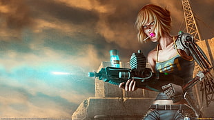 woman in cyborg arm holding rifle digital wallpaper