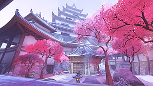 white and gray pagoda temple digital wallpaper, Hanamura (Overwatch), Overwatch