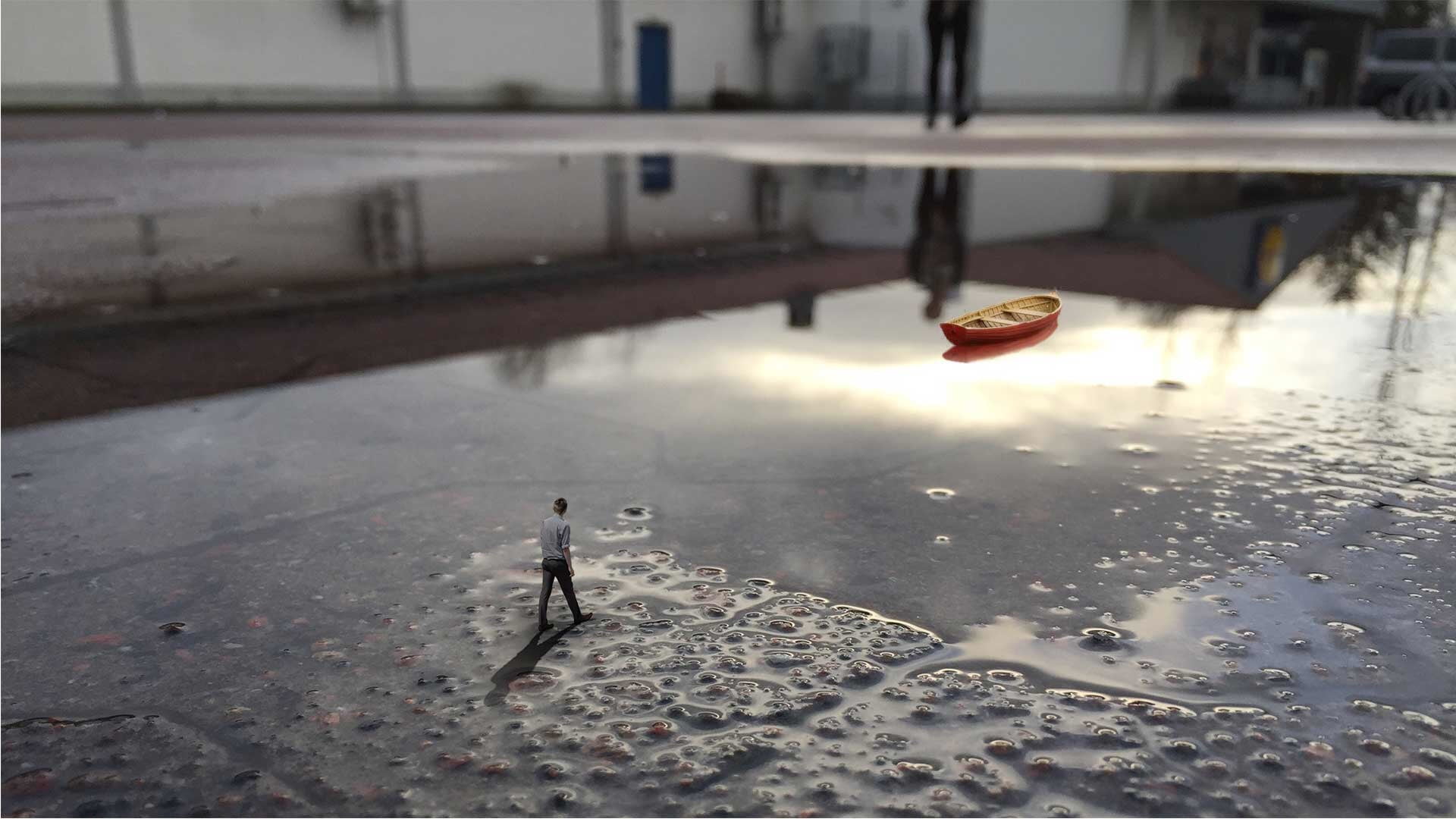 white and black compound bow, miniatures, photo manipulation, boat, puddle