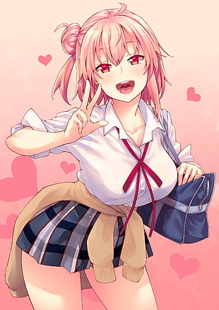 pink-haired female anime character illustration, school uniform, Yahari Ore no Seishun Love Comedy wa Machigatteiru, Yuigahama Yui, Iris Heart