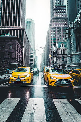 yellow Toyota Camry, Taxi, Skyscrapers, City