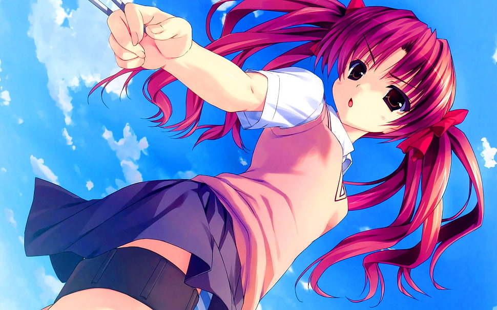 female anime character with red hair wearing school uniform HD wallpaper